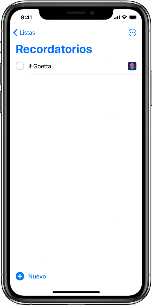 La app Recordatorios mostrando el nuevo recordatorio del atajo