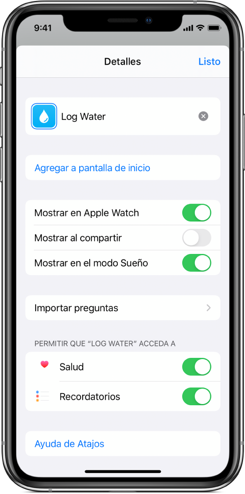 La pantalla Detalles de la app Atajos mostrando “Mostrar en Apple Watch”.