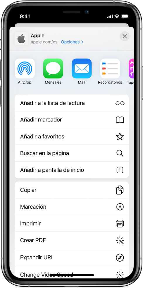 Atajos en la hoja para compartir de la app Safari.