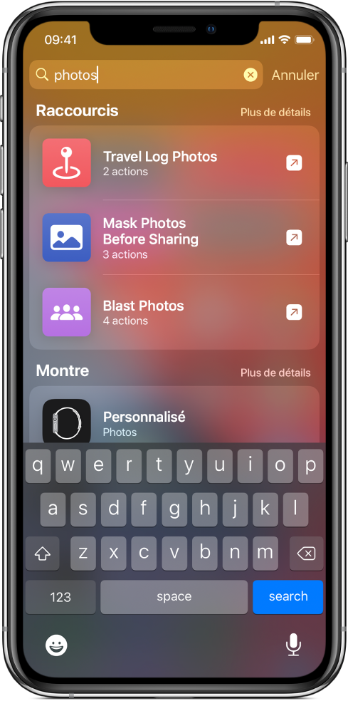 La recherche pour le mot-clé de raccourci « photos » et les résultats de la recherche : Raccourcis « Exécuter Envoyer des photos à maman », « Exécuter Photos en GIF » et « Exécuter Masquer les photos avant de les partager ».
