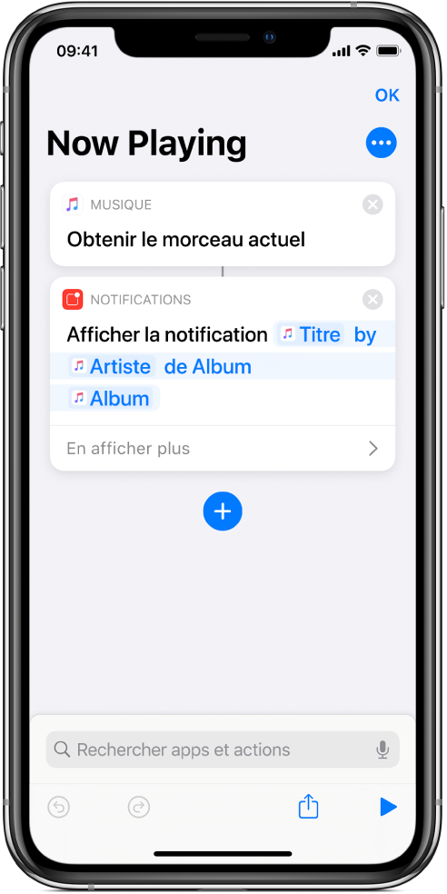 Action « Afficher la notification » dans l’éditeur de raccourci et alerte Musique « À l’écoute » appelée par l’action « Afficher la notification ».