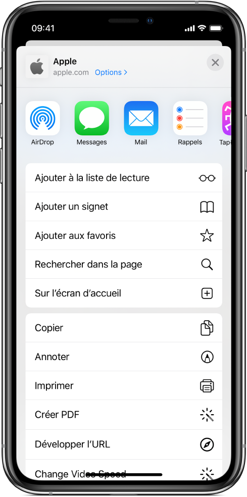 Raccourcis dans la feuille de partage de Safari.