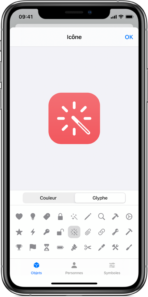Écran Icône affichant les options de glyphe du raccourci.