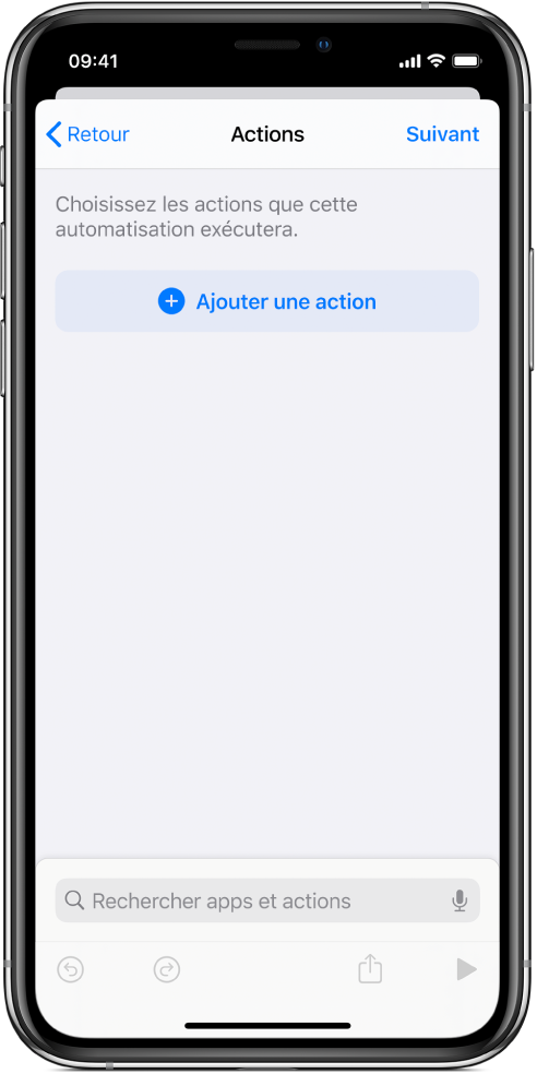 Une automatisation vide dans l’éditeur d’automatisation de l’app Raccourcis.