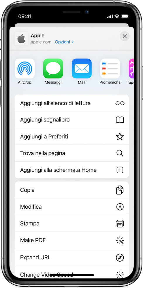 Comandi Rapidi nel pannello di condivisione di Safari.