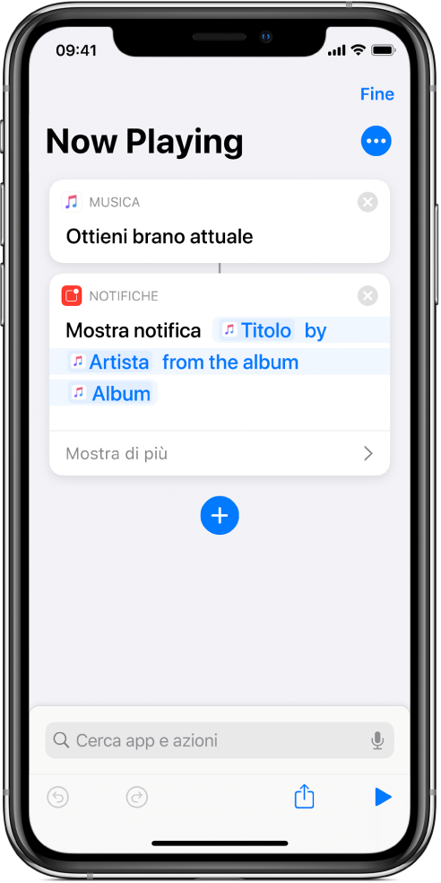 Azione “Mostra notifica” nell'editor di comandi rapidi e l'avviso “In riproduzione” di Music chiamato dall'azione “Mostra notifica”.