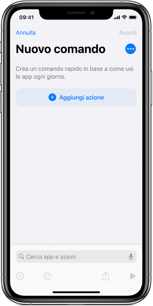 Editor di comandi rapidi vuoto su iPhone.