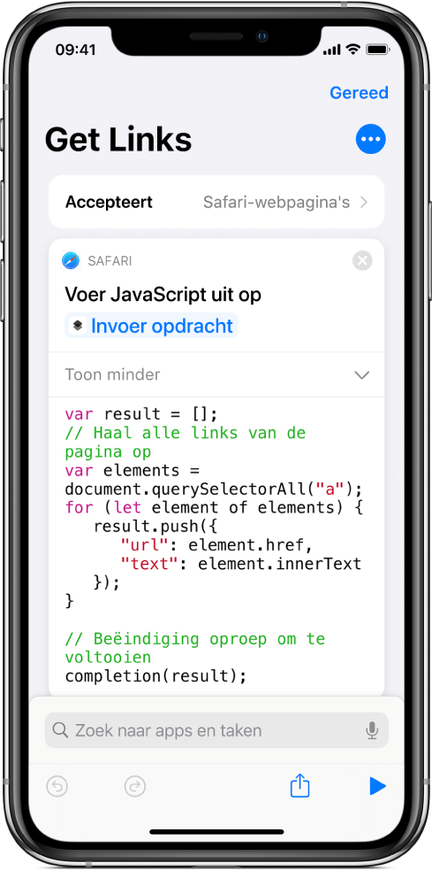 De taak 'Voer JavaScript uit op webpagina' in de opdrachteneditor.