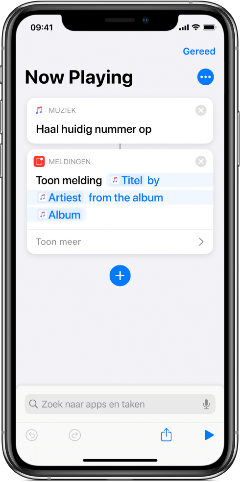 De taak 'Toon melding' in de opdrachteneditor en de melding 'Music Now Playing', zoals aangeroepen met de taak 'Toon melding'.