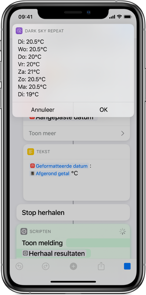 De uiteindelijke waarschuwing met de gemiddelde temperaturen voor de week in de opdrachteneditor.