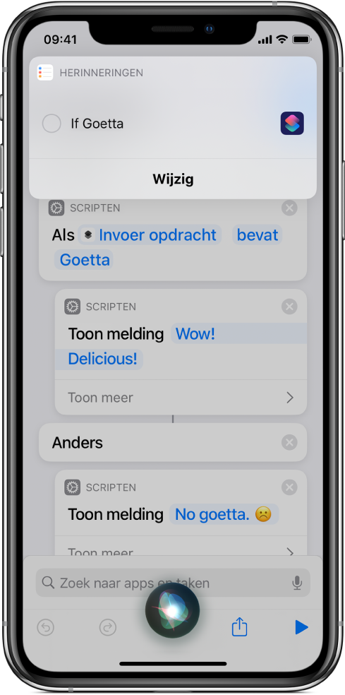 Scherm van Siri waarin een opdracht wordt toegevoegd aan een herinnering.
