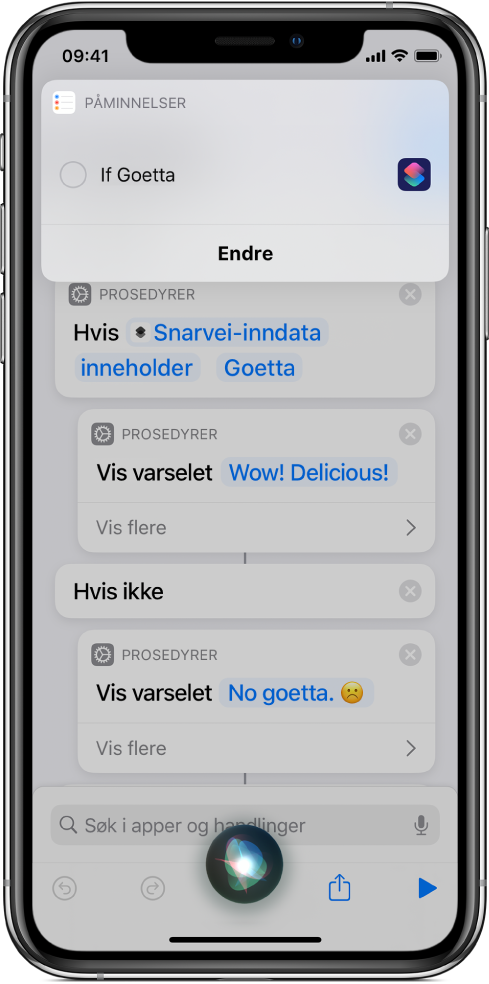 Siri-skjerm som viser at en snarvei legges til i påminnelsene dine.