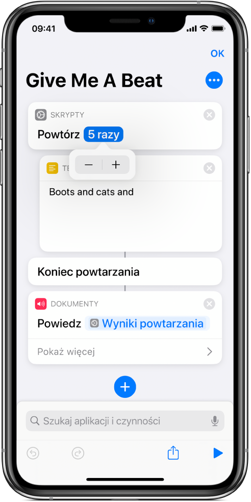 Token zmiennej Pytaj za każdym razem, znajdujący się w czynności powtarzania.