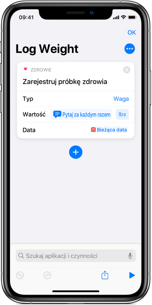 Token zmiennej Pytaj za każdym razem, widoczny w polu Data w czynności Zarejestruj próbkę zdrowia.