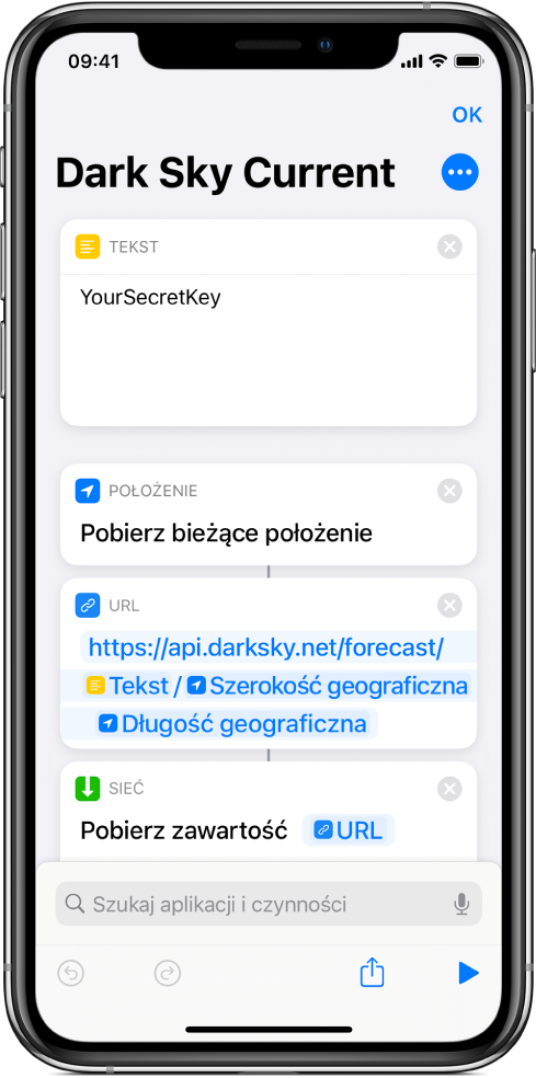 Czynność Pobierz bieżące położenie, dodana między czynnością Tekst oraz czynnością URL w skrócie wysyłającym żądanie API serwisu Dark Sky.