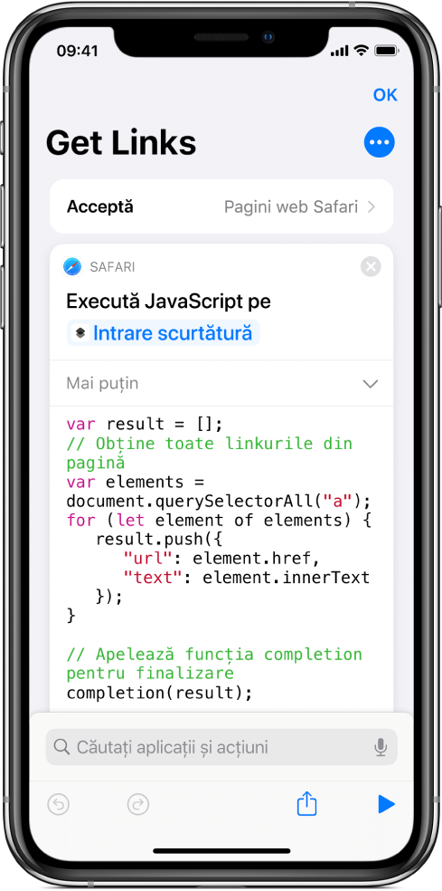 Acțiunea “Executare JavaScript pe pagina web” în editorul de scurtături.