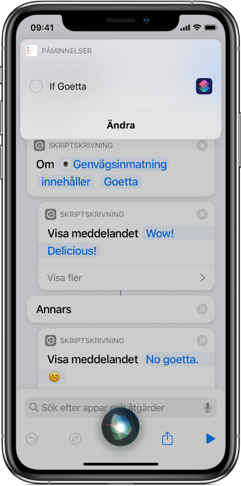 Siri-skärm som visar att en genväg har lagts till bland dina påminnelser.