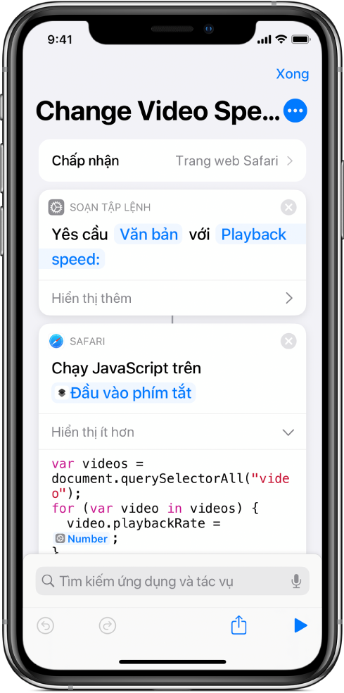 Trình sửa phím tắt đang hiển thị tác vụ Chạy JavaScript trên trang web, chứa một Biến ma thuật.