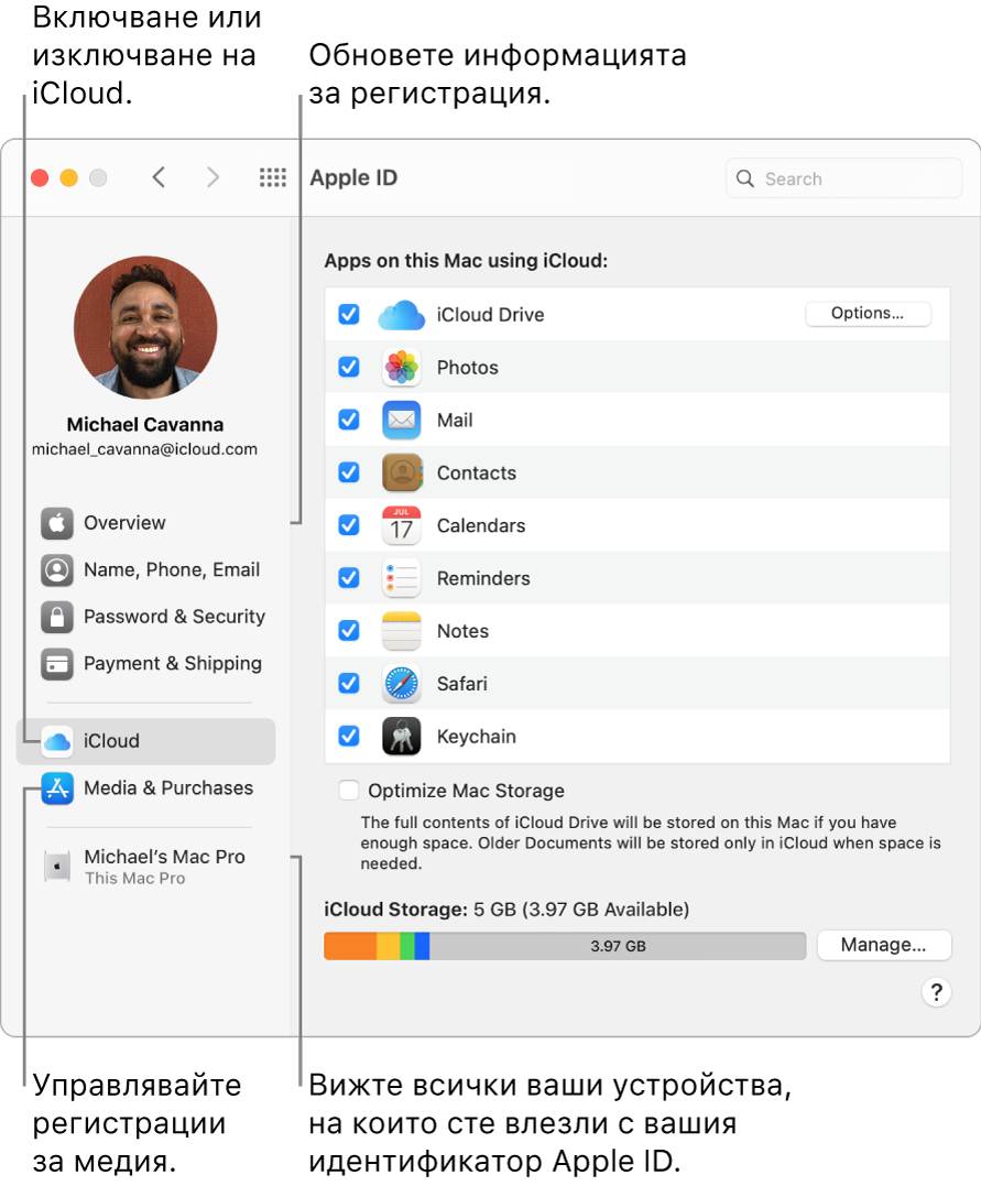 Панелът Apple ID в System Preferences (Системни параметри). Можете да щракнете върху елемент в страничната лента, за да обновите информацията на вашата регистрация, да включвате и изключвате iCloud, да управлявате регистрации за медия и да виждате всички устройства, на които сте влезли с вашия идентификатор Apple ID.