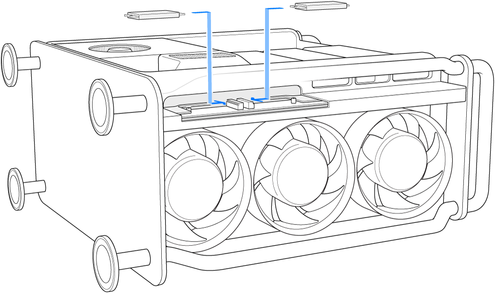 Mac Pro på siden med en illustration af, hvordan to SSD-moduler installeres.