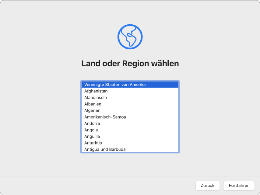 Ein Mac-Bildschirm mit geöffnetem Willkommensbildschirm des Systemassistenten