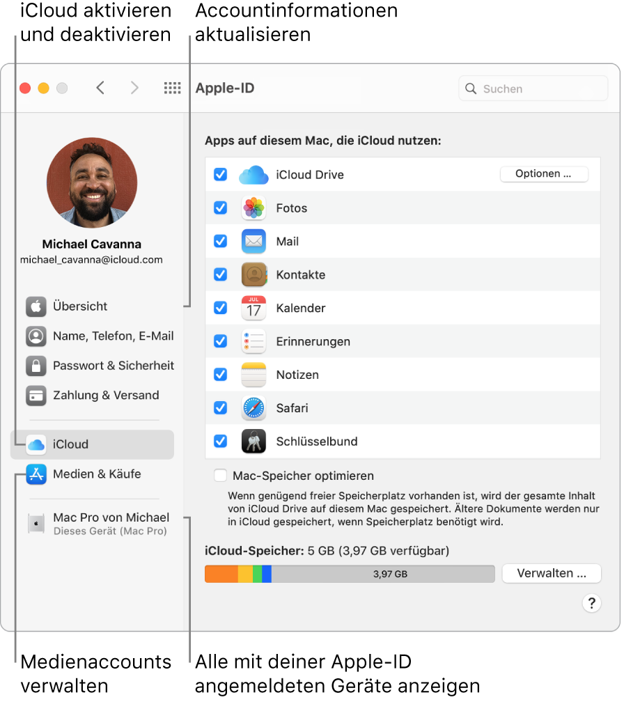 Der Bereich „Apple-ID“ der Systemeinstellungen. Klicke auf ein Objekt in der Seitenleiste, um deine Accountinformationen zu aktualisieren, iCloud zu aktivieren oder zu deaktivieren, Medienaccounts zu verwalten und alle mit deiner Apple-ID angemeldeten Geräte anzuzeigen.