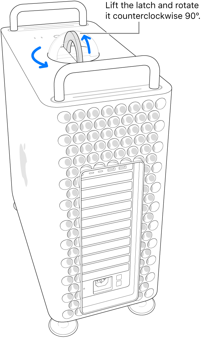 Showing the first step to remove a computer’s housing by lifting the latch and rotating it at 90 degrees.