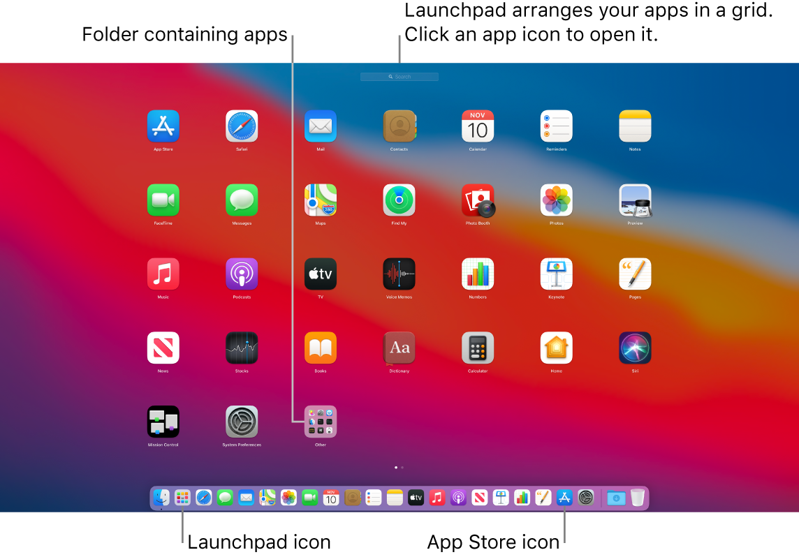 A Mac screen with Launchpad open, showing a folder of apps in Launchpad, and the Launchpad icon and App Store icons in the Dock.