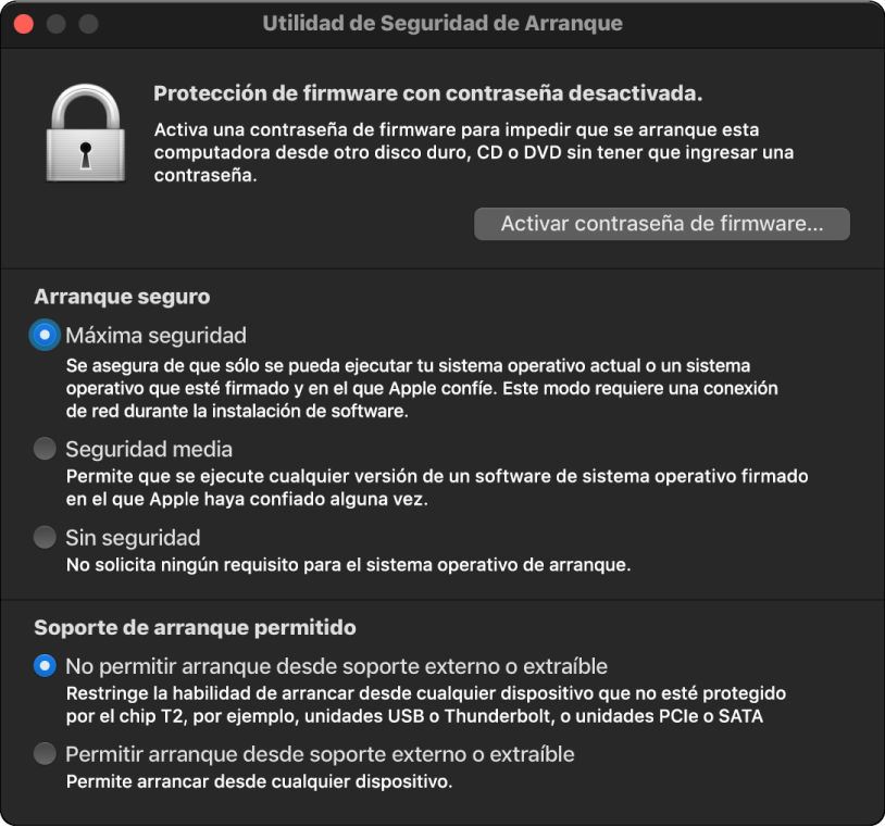 La ventana de la Utilidad de Seguridad de Arranque está abierta con una opción marcada para el arranque seguro y una opción marcada para el arranque externo.