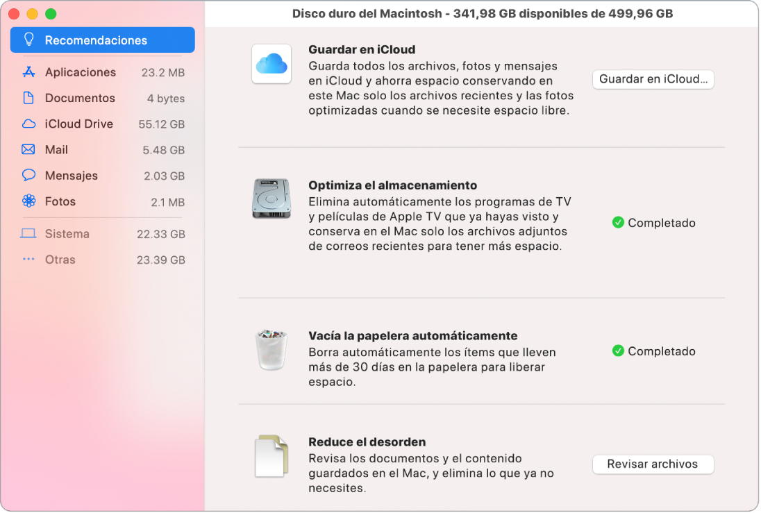 Las preferencias del panel Recomendaciones para almacenamiento, que muestra las opciones “Guardar en iCloud”, “Optimizar el almacenamiento”, “Borrar la papelera automáticamente” y “Reducir el desorden”.