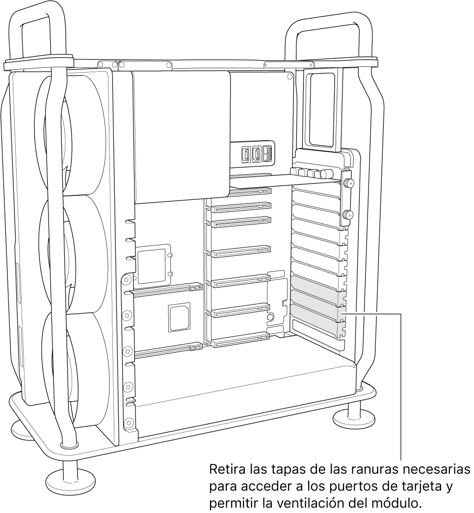 Retira las cubiertas de las ranuras que sea necesario para acceder al puerto de tarjetas y permitir el paso de aire por el módulo.