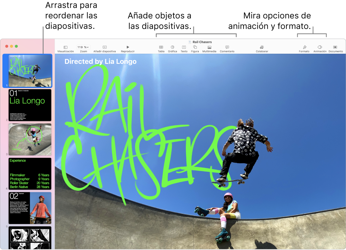 Una ventana de Keynote que muestra el navegador de diapositivas en el lado izquierdo y cómo reordenar diapositivas, la barra de herramientas y sus herramientas de edición en la parte superior, el botón Colaborar cerca de la parte superior derecha y los botones Formato, Animación y Documento en la parte derecha.