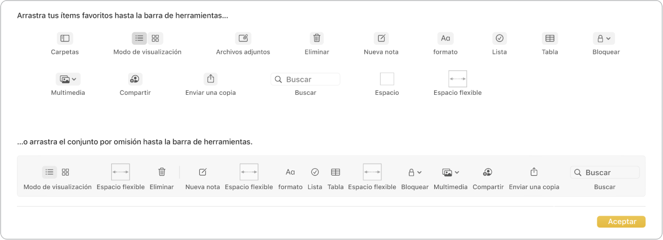 Una ventana de Notas que muestra las opciones de personalización de la barra de herramientas que están disponibles.