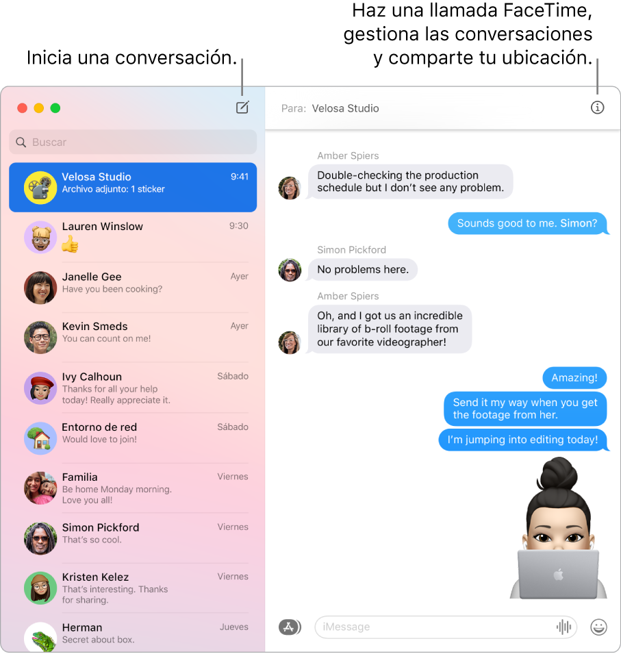 Una ventana de Mensajes donde se muestra cómo iniciar una conversación y cómo iniciar una llamada FaceTime.