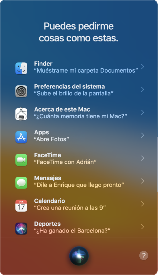 Una ventana de Siri con el encabezamiento “Puedes pedirme cosas como estas” y ejemplos de consultas a Siri, como “¿Ha ganado el Barcelona?”.