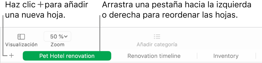 Ventana de Numbers donde se muestra cómo añadir una nueva hoja y cómo reordenar las hojas.