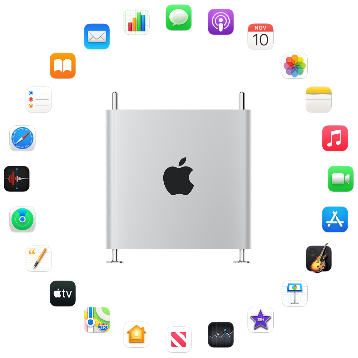 Un Mac Pro rodeado de los iconos de las apps integradas que se describen en las siguientes secciones.