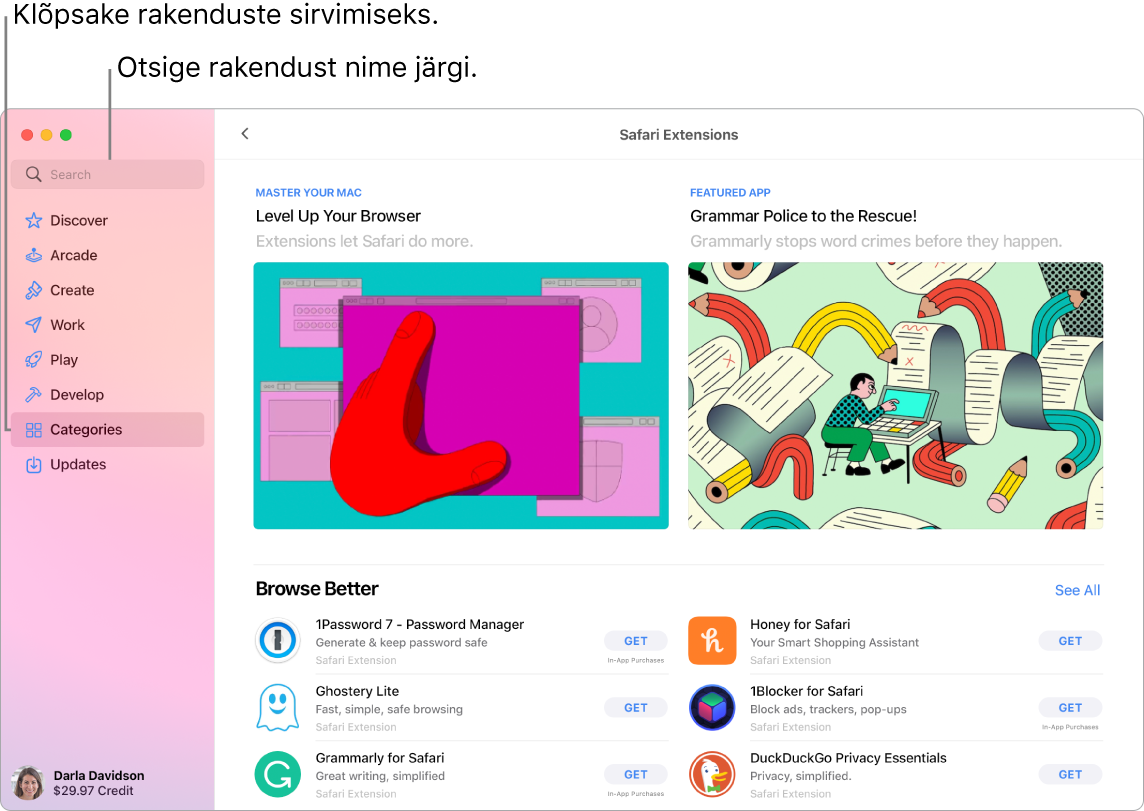 App Store'i aknas kuvatakse otsinguvälja ja lehte Safari Extensions.