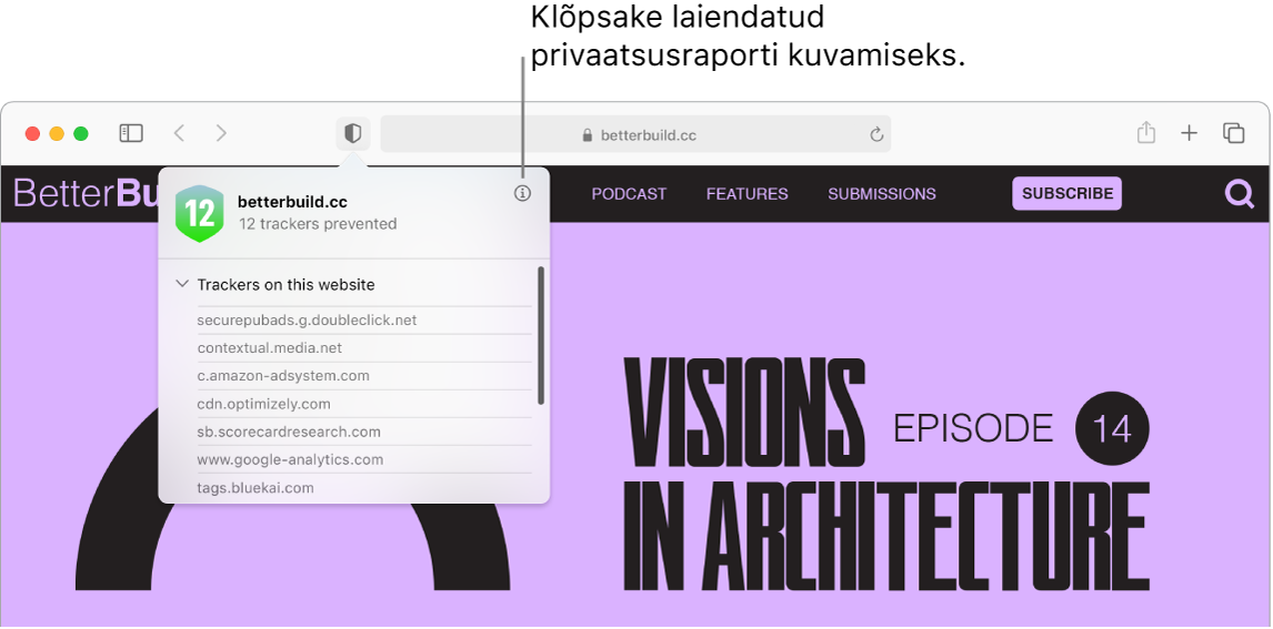 Safari aknas kuvatakse veebisaidi eelistusi, sh Use Reader When Available, Enable Content Blockers, Page Zoom, Auto-Play ja Pop-up Windows.