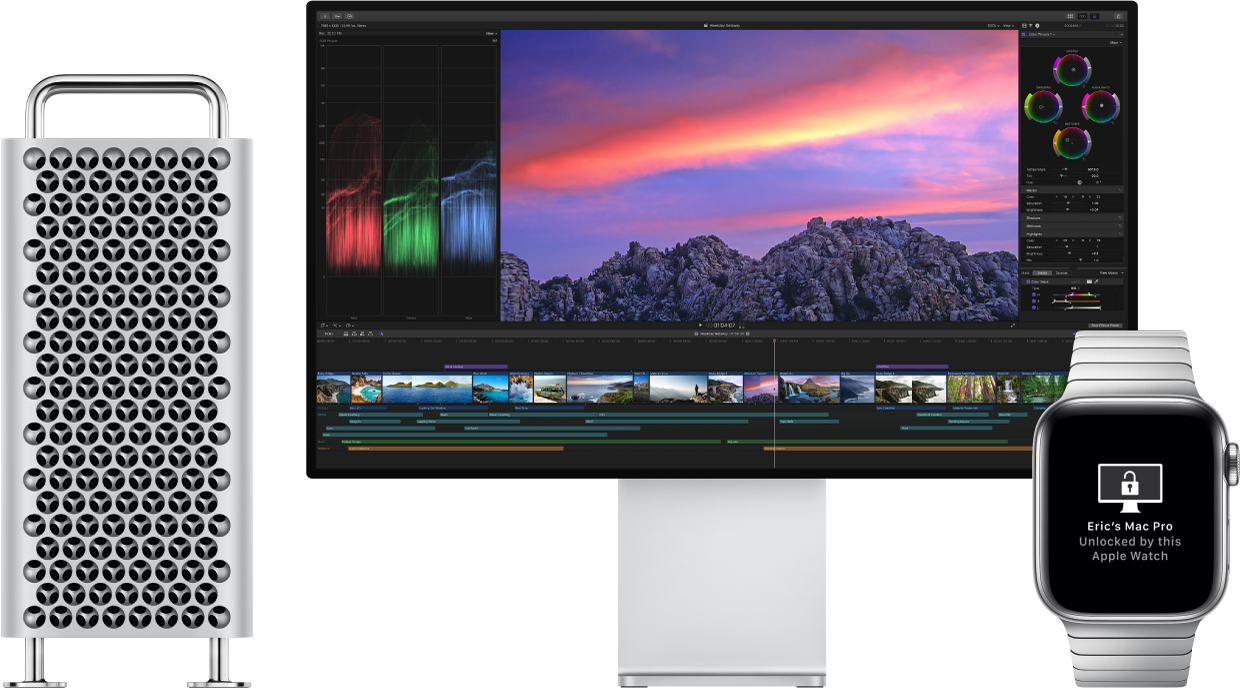 Apple Watch on Mac Pro ja selle kuvari kõrval ning ekraanil on teade, et Mac avati kella poolt.