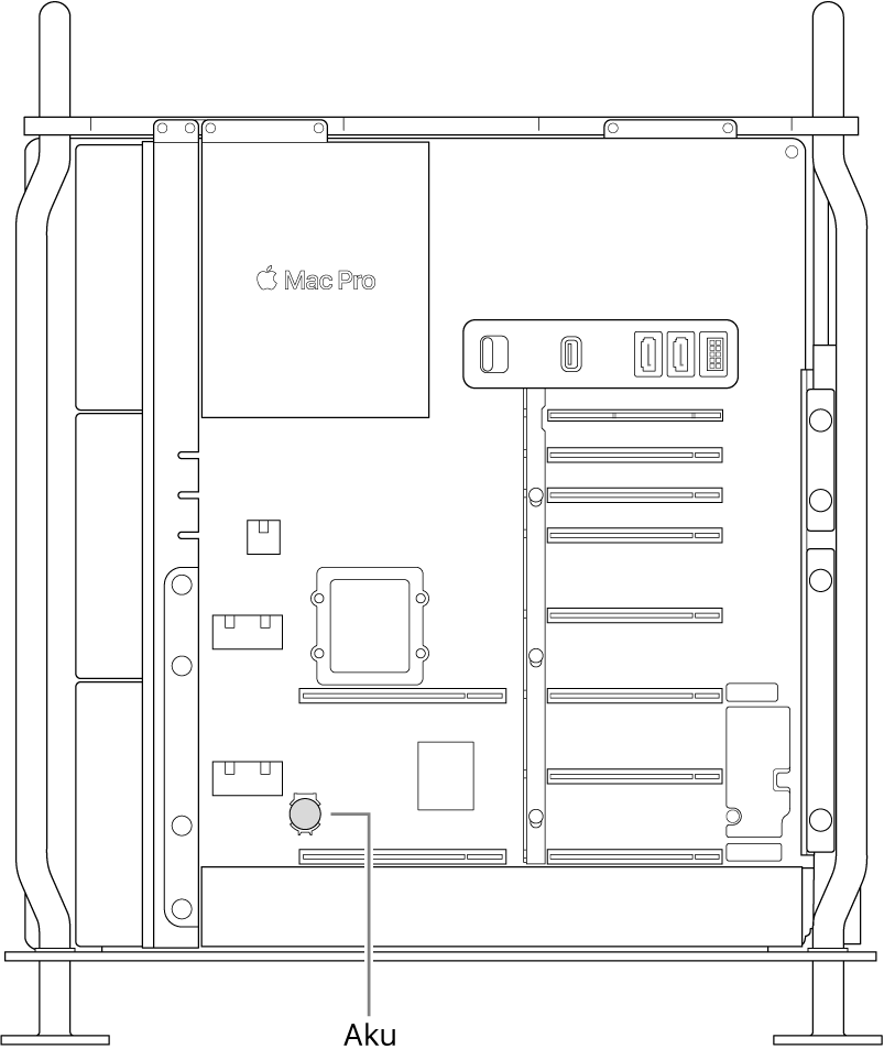 Mac Pro avatud küljevaade, millel näidatakse nööppatarei asukohta.