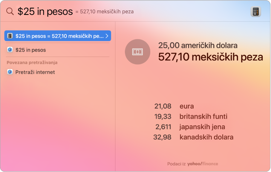 Slika zaslona s prikazom dolara konvertiranih u pesose s glavnim rezultatom koji prikazuje konverziju i nekoliko drugih rezultata za odabir.