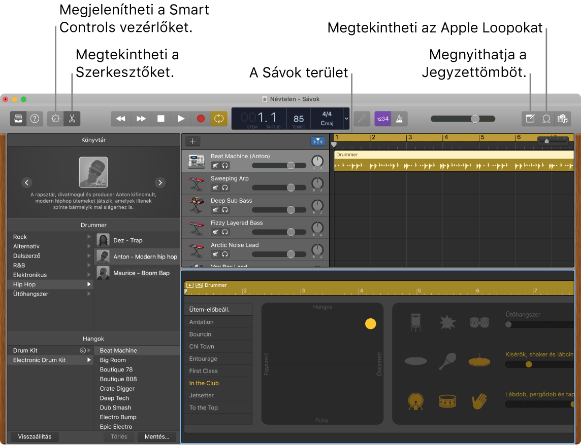 Egy GarageBand-ablak, amelyben az Intelligens vezérlők, a Szerkesztők, a Jegyzetek és az Apple Loopok elérésére szolgáló gombok láthatóak. A sávok nézete is látható.