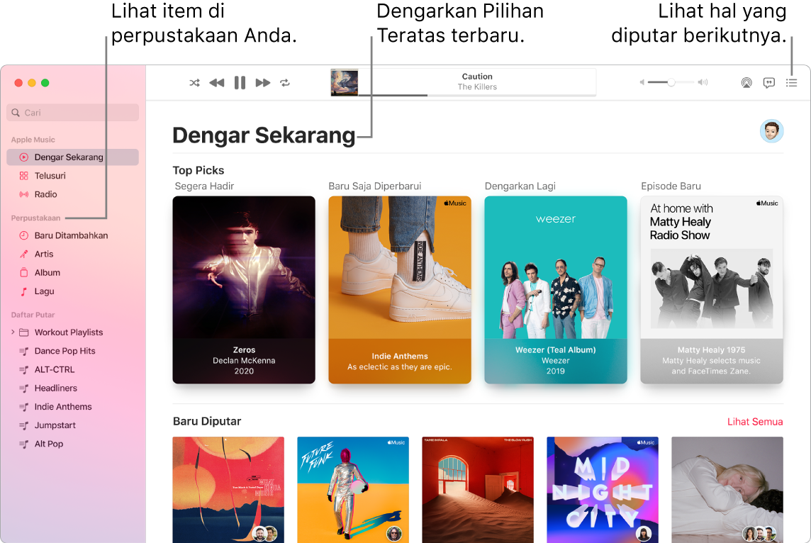 Jendela app Musik menampilkan cara untuk melihat perpustakaan Anda, mendengarkan Apple Music, dan melihat lagu yang akan diputar berikutnya.