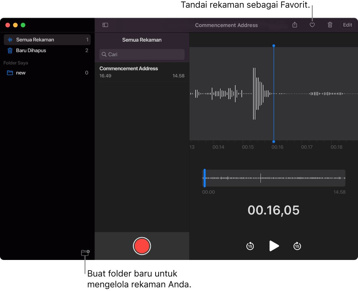 Jendela Memo Suara menampilkan cara membuat folder baru atau menandai rekaman sebagai favorit.