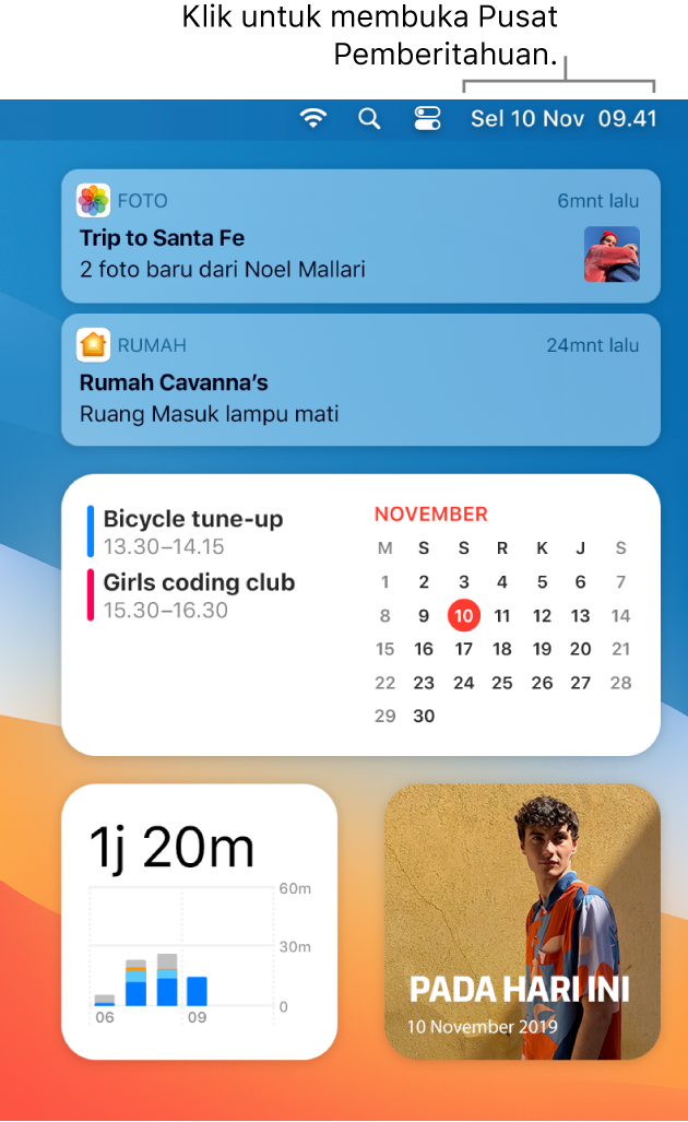 Layar desktop terpisah menampilkan Pusat Pemberitahuan dibuka dengan tab Hari Ini dipilih.