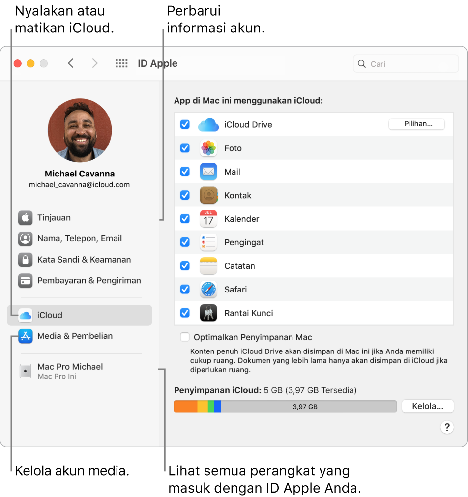 Panel ID Apple di Preferensi Sistem. Klik item di bar samping untuk memperbarui informasi akun Anda, menyalakan atau mematikan iCloud, mengelola akun media, dan melihat semua perangkat yang masuk dengan ID Apple Anda.