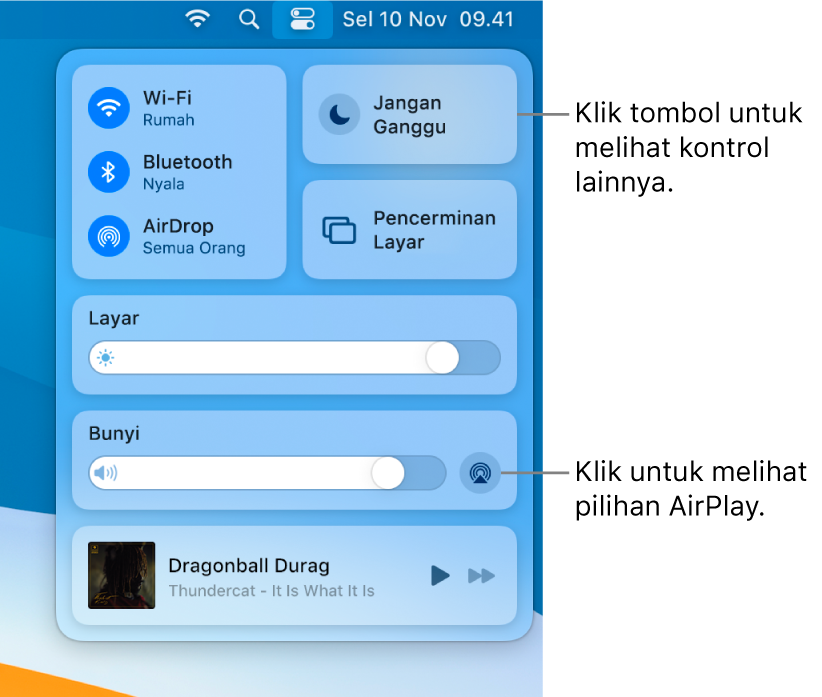 Tampilan Pusat Kontrol yang diperbesar di Mac Anda.