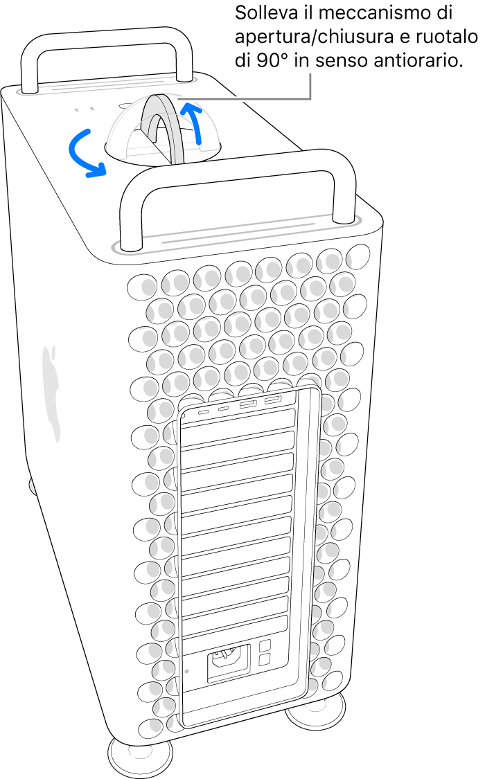 Visualizzazione dei primi passi per rimuovere la custodia del computer sollevando il fermo e ruotandolo di 90 gradi.