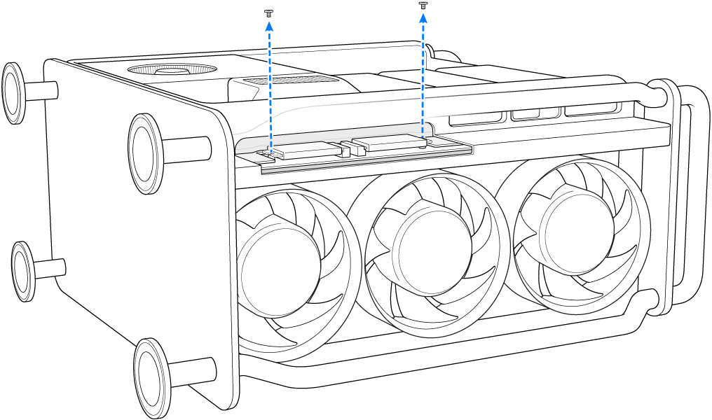 Mac Pro su un lato, con le due viti in fase di rimozione.